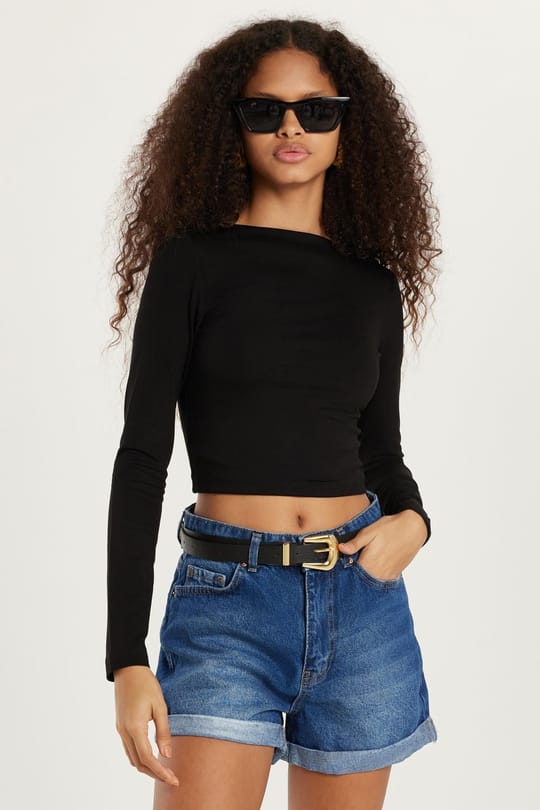 Kadın Slim Fit Dar Kesim Bisiklet Yaka Sırt Detaylı Siyah Bluz