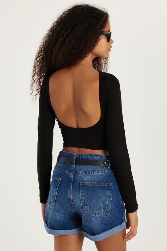 Kadın Slim Fit Dar Kesim Bisiklet Yaka Sırt Detaylı Siyah Bluz