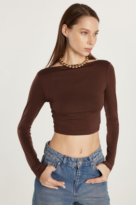 Kadın Slim Fit Dar Kesim Bisiklet Yaka Sırt Detaylı Kahverengi Bluz