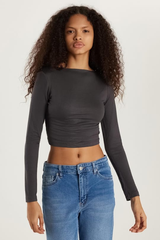 Kadın Slim Fit Dar Kesim Bisiklet Yaka Sırt Detaylı Antrasit Bluz