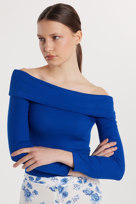 Kadın Slim Fit Modal Kumaş Düz Pamuklu Straplez Mavi Bluz