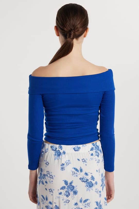 Kadın Slim Fit Modal Kumaş Düz Pamuklu Straplez Mavi Bluz