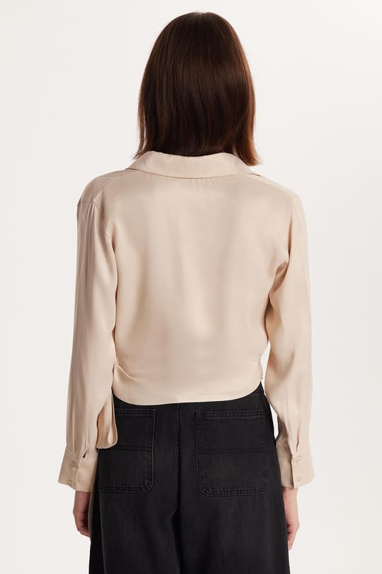 Kadın Slim Fit Dar Kesim Uzun Kollu Klasik Yaka Bağlama Detaylı Taş Rengi Saten Gömlek