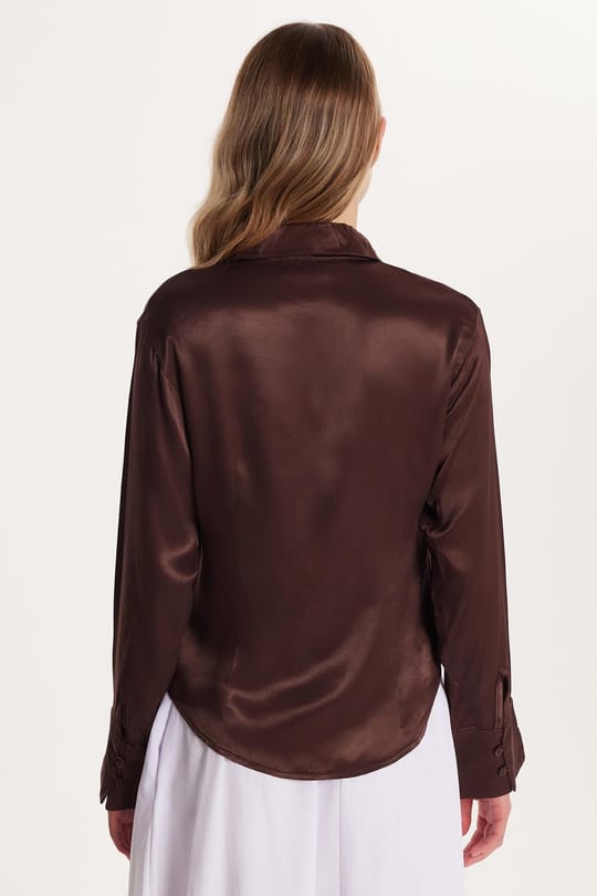Kadın Slim Fit Dar Kesim Uzun Kollu Klasik Yaka Saten Kahverengi Gömlek