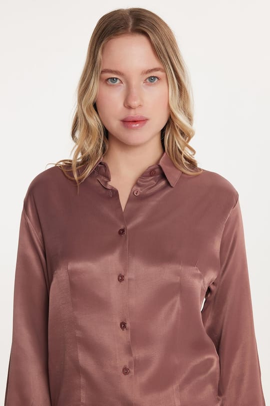 Kadın Slim Fit Dar Kesim Uzun Kollu Klasik Yaka Saten Gül Kurusu Gömlek
