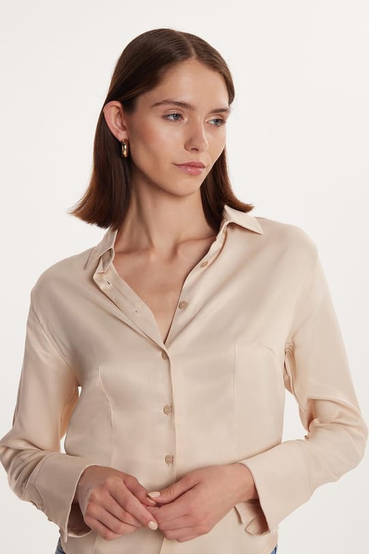 Kadın Slim Fit Dar Kesim Uzun Kollu Klasik Yaka Saten Taş Rengi Gömlek