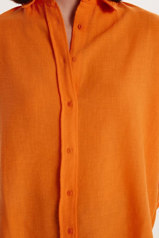 Kadın Slim Fit Dar Kesim Uzun Kollu Klasik Yaka Turuncu Gömlek