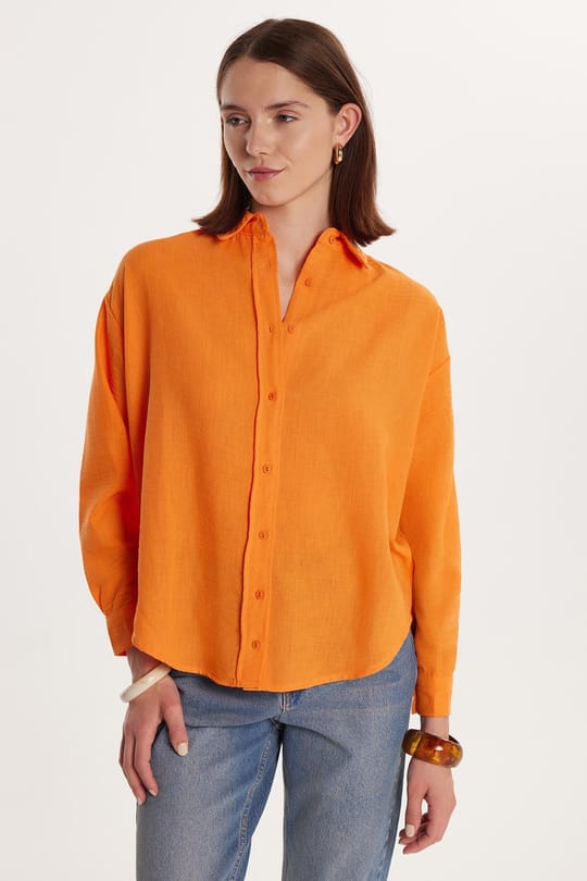 Kadın Slim Fit Dar Kesim Uzun Kollu Klasik Yaka Turuncu Gömlek