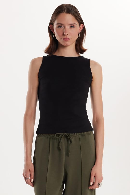 Kadın Modal Kumaş Slim Fit Dar Kesim Bisiklet Yaka Düz Basic Siyah Bluz