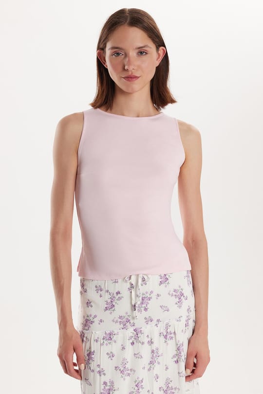 Kadın Modal Kumaş Slim Fit Dar Kesim Bisiklet Yaka Düz Basic Pembe Bluz