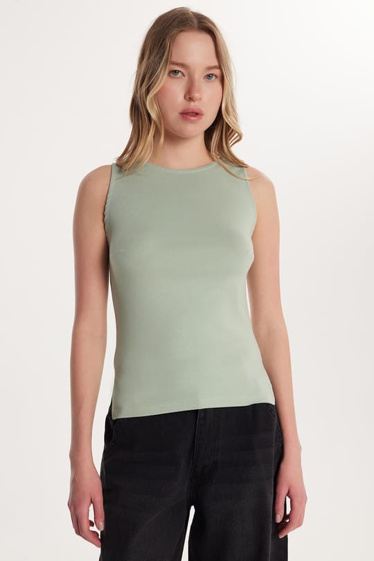 Kadın Modal Kumaş Slim Fit Dar Kesim Bisiklet Yaka Düz Basic Mint Bluz