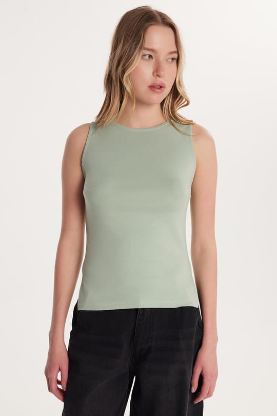 Kadın Modal Kumaş Slim Fit Dar Kesim Bisiklet Yaka Düz Basic Mint Bluz