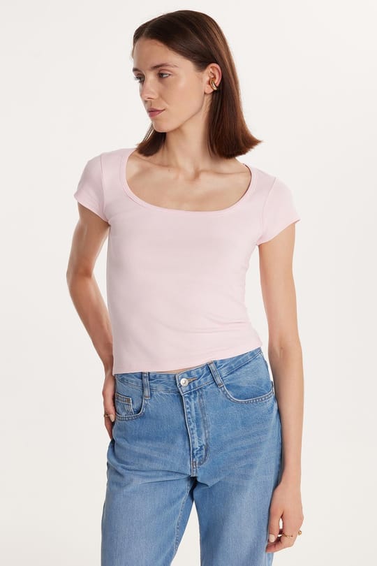 Kadın Slim Fit Dar Kesim Pamuklu Kısa Kollu U Yaka Pembe Bluz