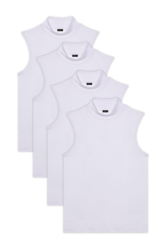 Kadın 4'lü Paket Beyaz Regular Fit Viskon Kumaş Balıkçı Yaka Sıfır Kol Bluz