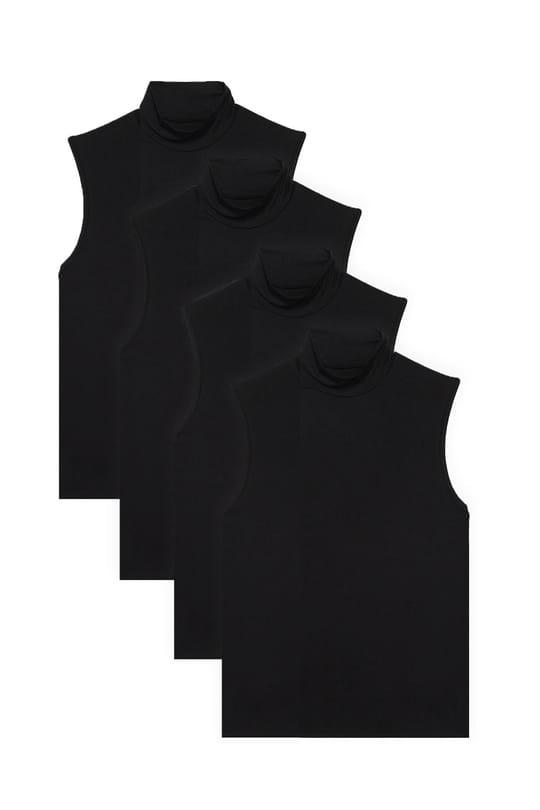 Kadın 4'lü Paket Siyah Regular Fit Kesim Viskon Kumaş Balıkçı Yaka Sıfır Kol Bluz