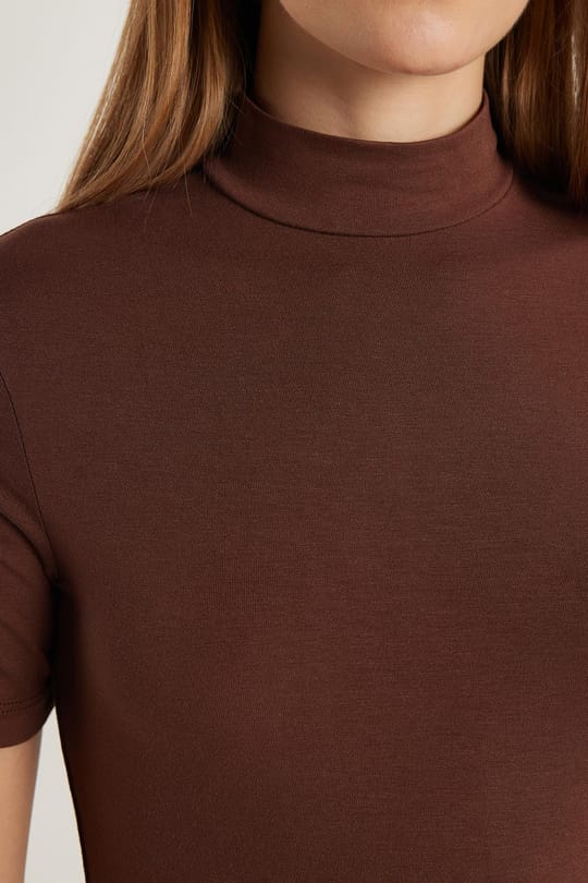 Kadın Standart Fit Kısa Kollu Yarım Balıkçı Yaka Kahverengi Bluz