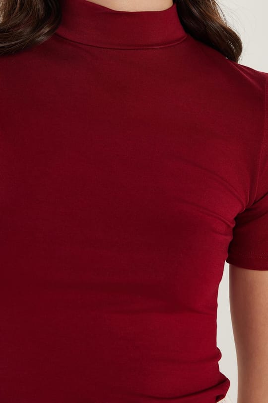 Kadın Standart Fit Kısa Kollu Yarım Balıkçı Yaka Bordo Bluz