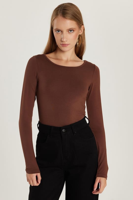Kadın Slim Fit Dar Kesim Uzun Kollu Viskon Kahverengi Bluz