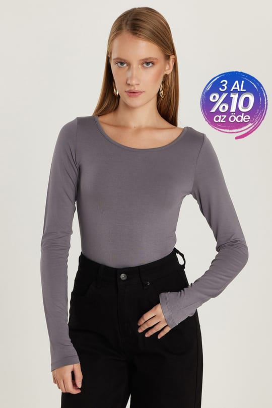 Kadın Slim Fit Dar Kesim Uzun Kollu Viskon Gri Bluz