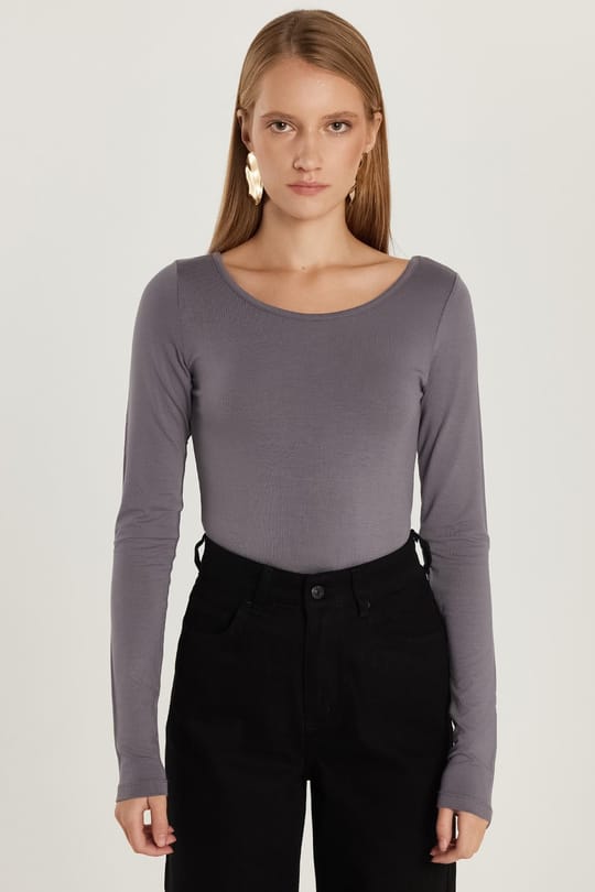 Kadın Slim Fit Dar Kesim Uzun Kollu Viskon Gri Bluz