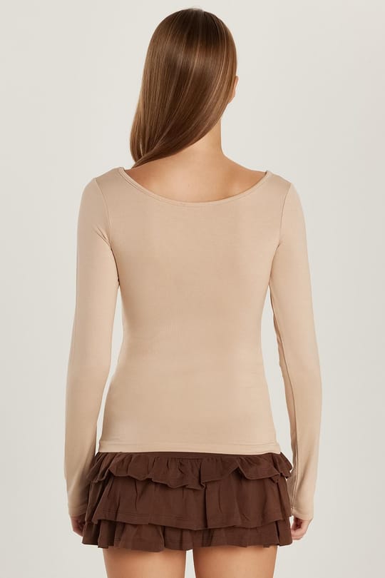 Kadın Slim Fit Dar Kesim Uzun Kollu Viskon Bej Bluz