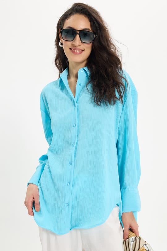 Kadın Oversize Geniş Kesim Bürümcük Pens Detaylı Uzun Kollu Dokulu Turkuaz Gömlek