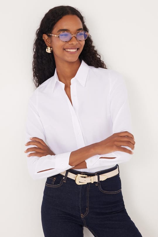 Kadın Slim Fit Dar Kesim Uzun Kollu Pamuklu Vücuda Oturan Dokulu Beyaz Basic Gömlek