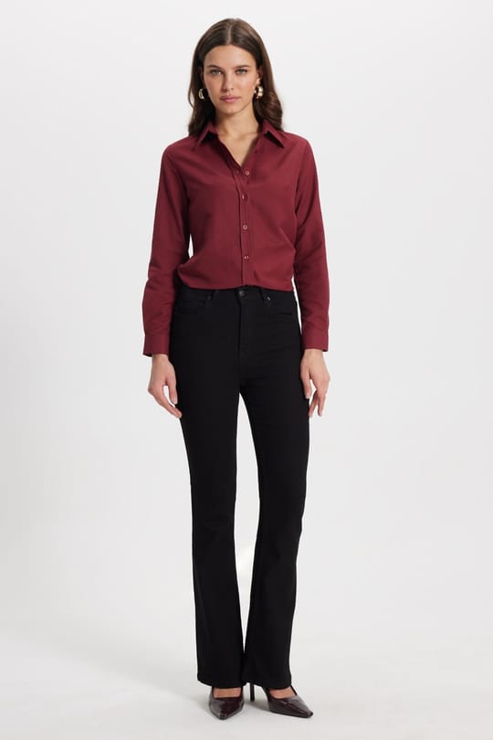 Kadın Slim Fit Dar Kesim Uzun Kollu Pamuklu Vücuda Oturan Dokulu Bordo Basic Gömlek