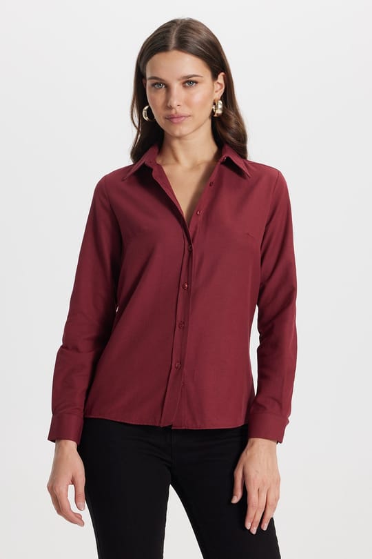 Kadın Slim Fit Dar Kesim Uzun Kollu Pamuklu Vücuda Oturan Dokulu Bordo Basic Gömlek