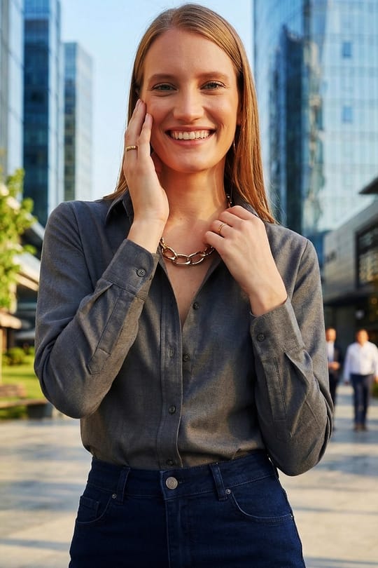 Kadın Slim Fit Dar Kesim Uzun Kollu Pamuklu Vücuda Oturan Dokulu Antrasit Basic Gömlek