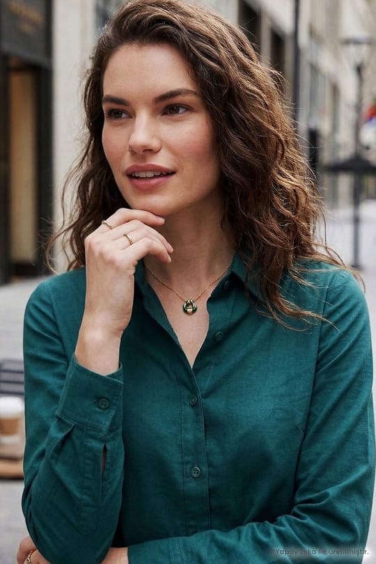 Kadın Slim Fit Dar Kesim Uzun Kollu Pamuklu Vücuda Oturan Dokulu Yeşil Basic Gömlek