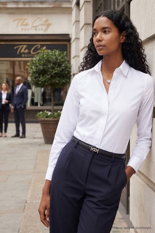 Kadın Slim Fit Dar Kesim Vucüda Oturan Uzun Kollu Gizli Düğme Detaylı Beyaz Basic Gömlek