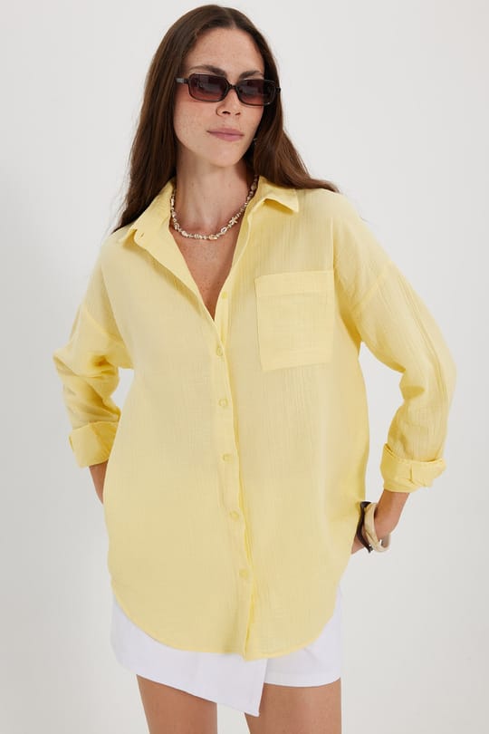 Kadın Oversize Geniş Kesim %100 Pamuk Müslin Kumaş Uzun Kollu Cepli Dokulu Sarı Gömlek