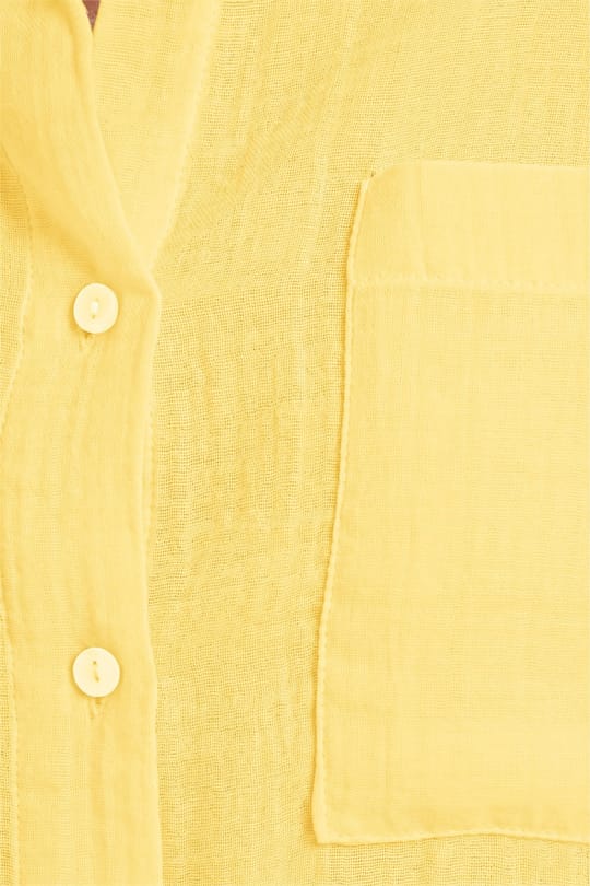 Kadın Oversize Geniş Kesim %100 Pamuk Müslin Kumaş Uzun Kollu Cepli Dokulu Sarı Gömlek