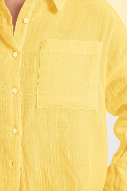 Kadın Oversize Geniş Kesim %100 Pamuk Müslin Kumaş Uzun Kollu Cepli Dokulu Sarı Gömlek