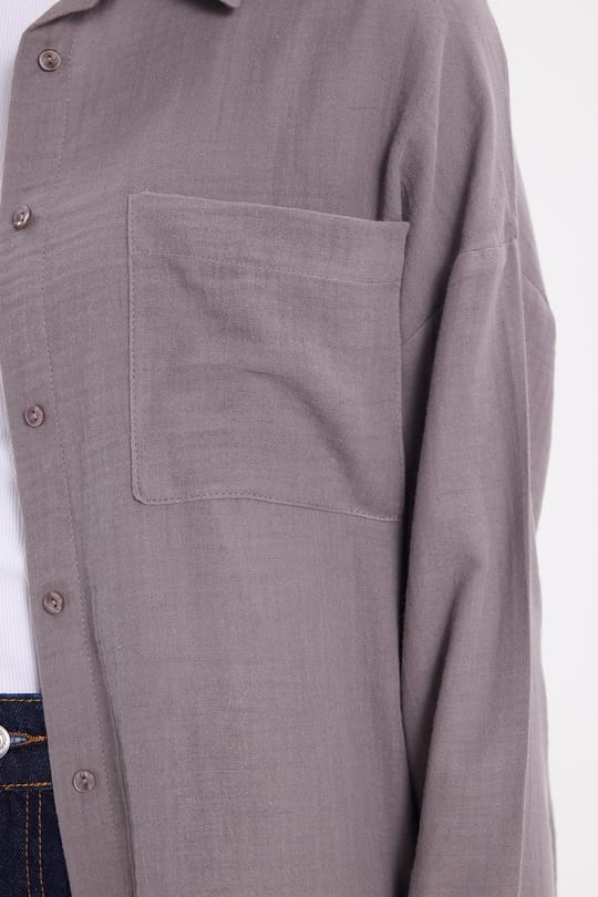 Kadın Oversize Geniş Kesim %100 Pamuk Müslin Kumaş Uzun Kollu Cepli Dokulu Gri Gömlek