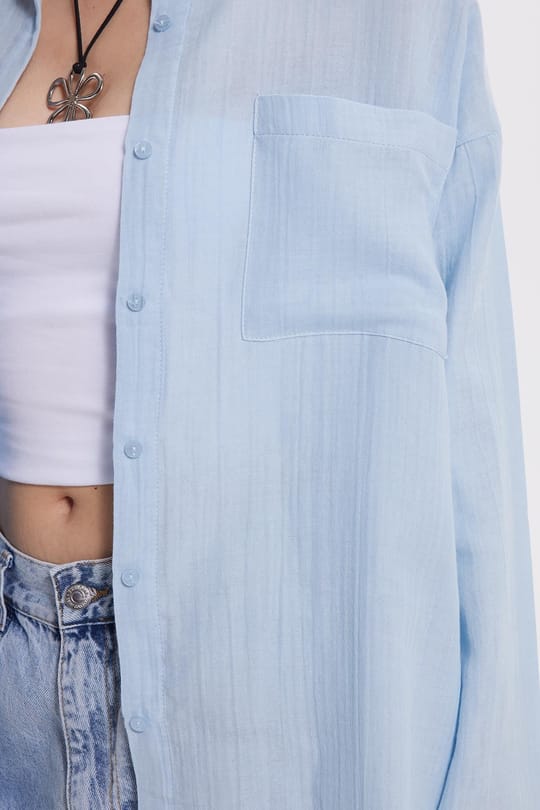 Kadın Oversize Geniş Kesim %100 Pamuk Müslin Kumaş Uzun Kollu Cepli Dokulu Mavi Gömlek