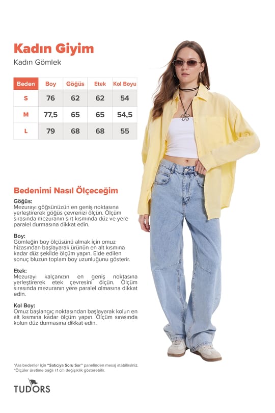 Kadın Oversize Geniş Kesim %100 Pamuk Müslin Kumaş Uzun Kollu Cepli Dokulu Sarı Gömlek