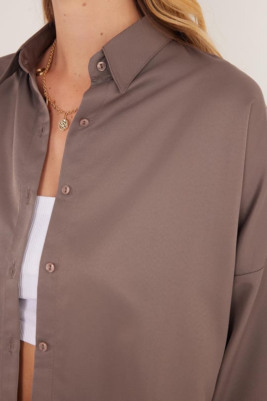 Kadın Oversize Rahat Kesim Spor Yaka Uzun Kollu Basic Düz Vizon Gömlek