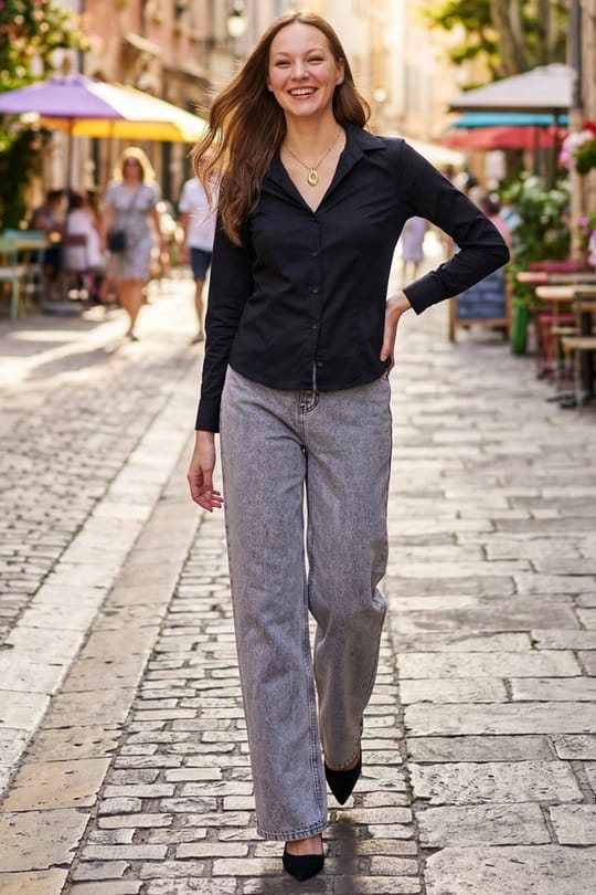 Kadın Slim Fit Dar Kesim Pensli Vucüda Oturan Klasik Yaka Uzun Kollu Likralı Siyah Gömlek