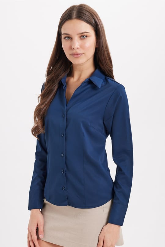 Kadın Slim Fit Dar Kesim Pensli Vucüda Oturan Klasik Yaka Uzun Kollu Likralı Lacivert Gömlek