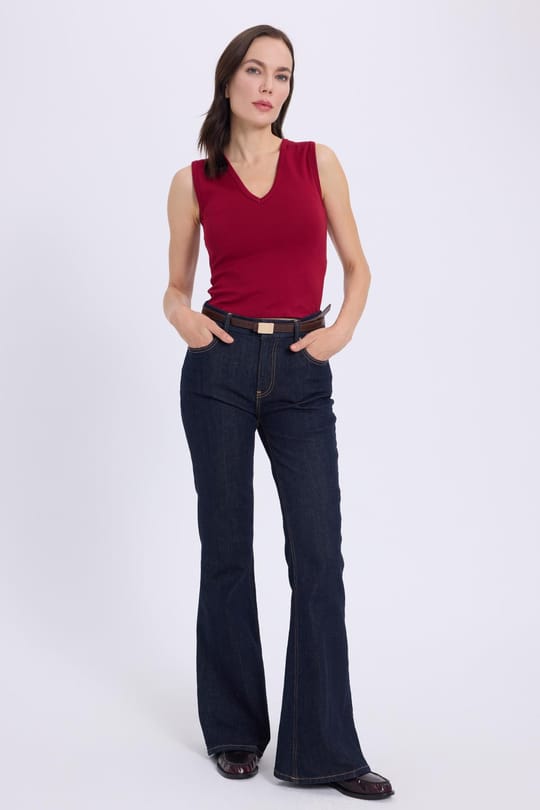 Kadın Slim Fit Dar Kesim V Yaka Sıfır Kol Pamuklu Ribanalı Bordo Bluz