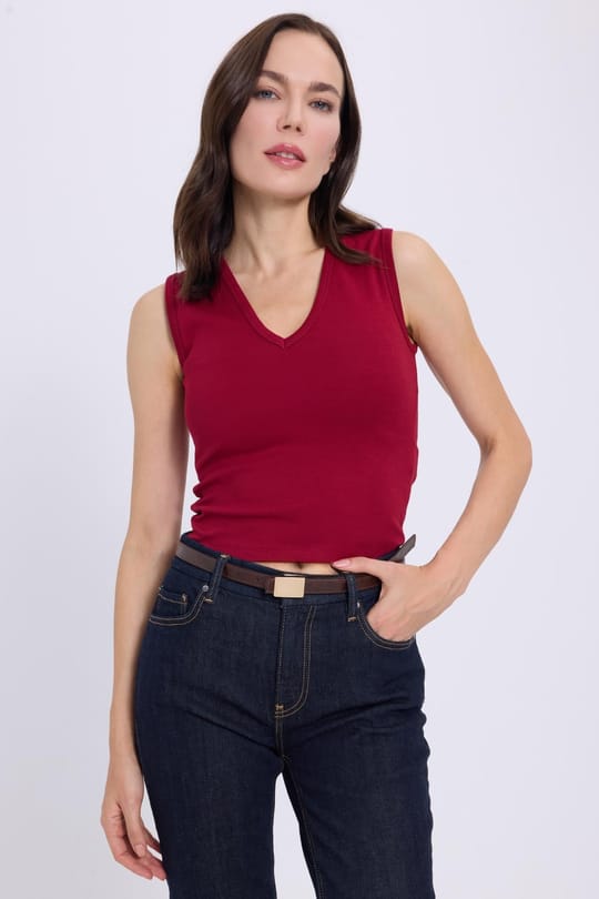 Kadın Slim Fit Dar Kesim V Yaka Sıfır Kol Pamuklu Ribanalı Bordo Bluz