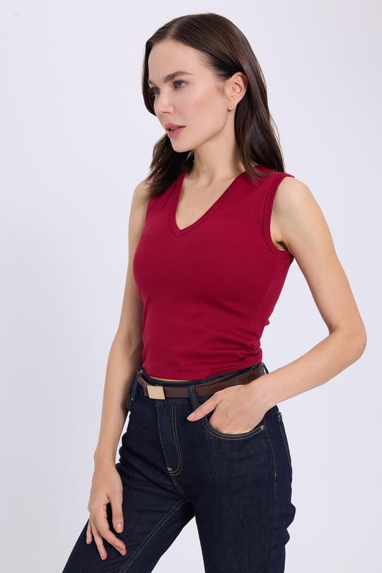 Kadın Slim Fit Dar Kesim V Yaka Sıfır Kol Pamuklu Ribanalı Bordo Bluz