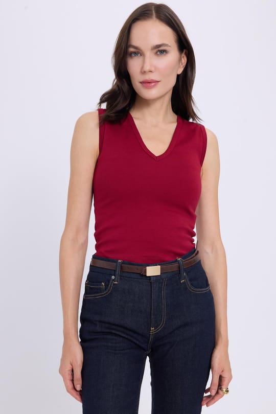 Kadın Slim Fit Dar Kesim V Yaka Sıfır Kol Pamuklu Ribanalı Bordo Bluz