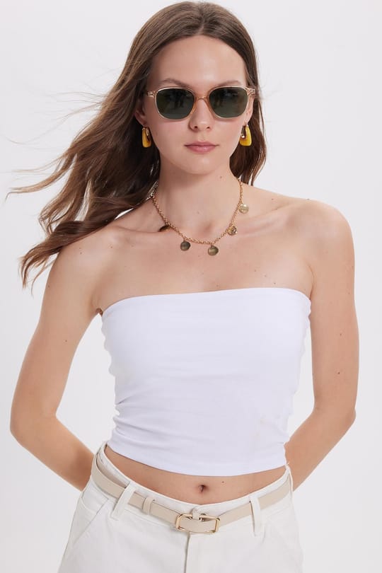 Kadın Slim Fit Dar Kesim Pamuklu Straplez Beyaz Bluz