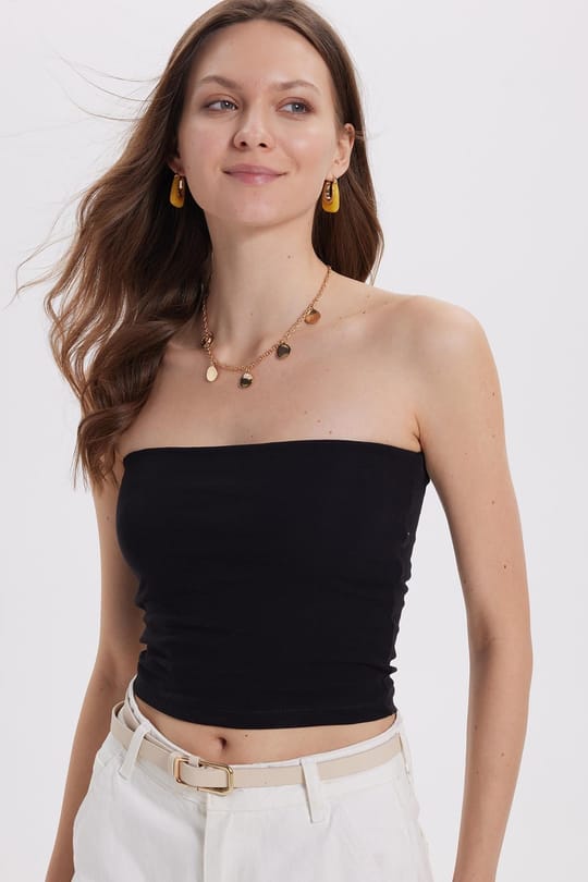 Kadın Slim Fit Dar Kesim Pamuklu Straplez Siyah Bluz