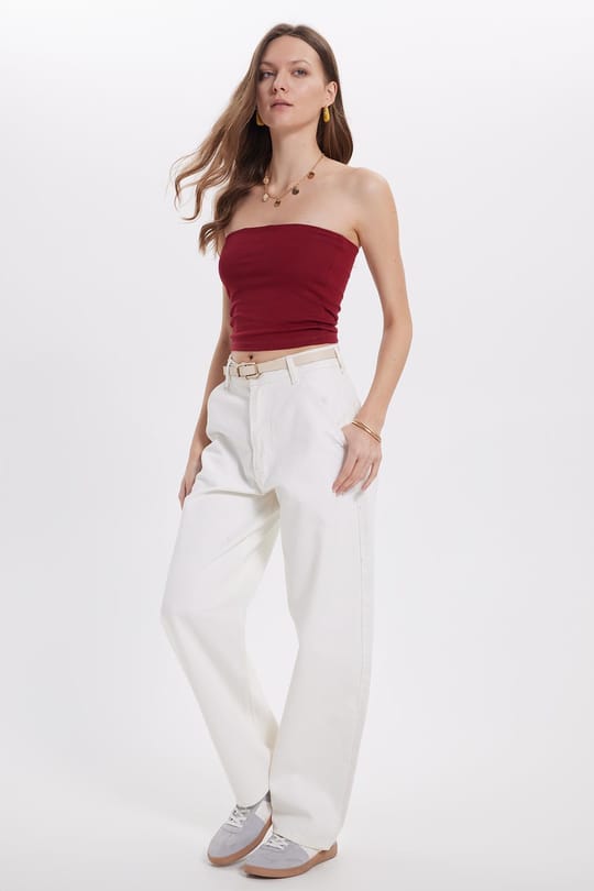 Kadın Slim Fit Dar Kesim Pamuklu Straplez Bordo  Bluz