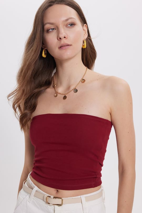 Kadın Slim Fit Dar Kesim Pamuklu Straplez Bordo  Bluz