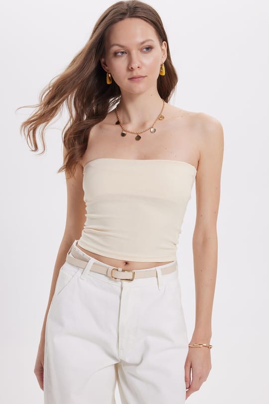 Kadın Slim Fit Dar Kesim Pamuklu Straplez Bej Bluz